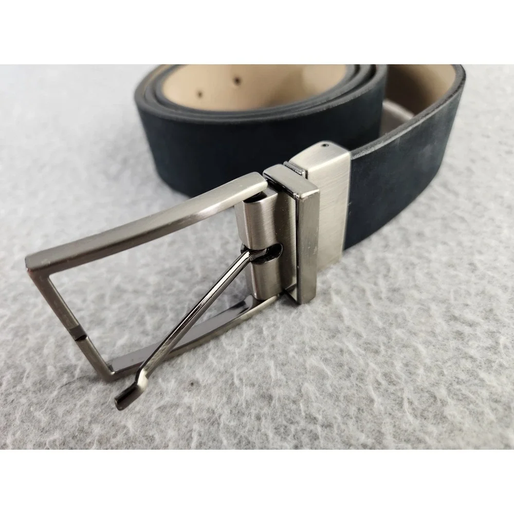 1901‎ Nordstrom Men's Black Suede Leather Belt Sz 38 Brass Silver Buckle Brazil